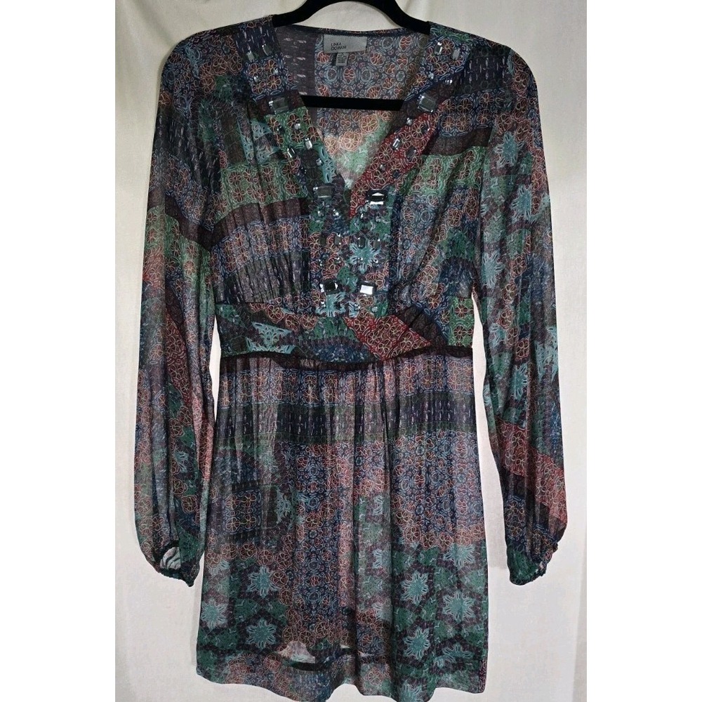 Linea Domani Dress‎ Women's Boho Sheer Size Small Jeweled